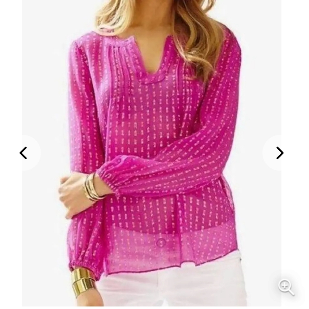 Lilly‎ Pulitzer Colby Pintuck Clip Dot Silk Blouse Size M